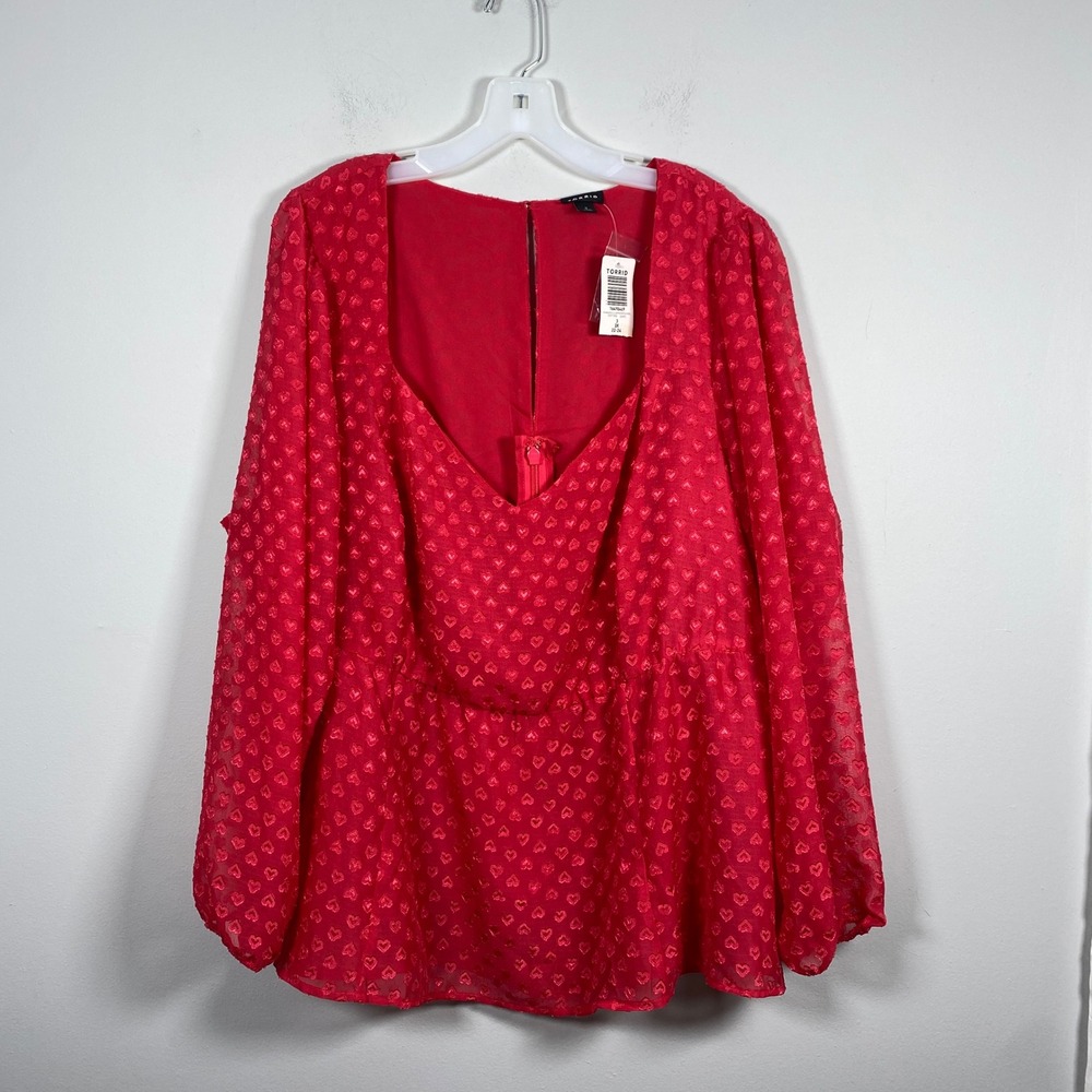 Torrid Peplum Chiffon‎ Clip Dot Heart Blouse Women's 3 3X 22-24 Red Puff Sleeve